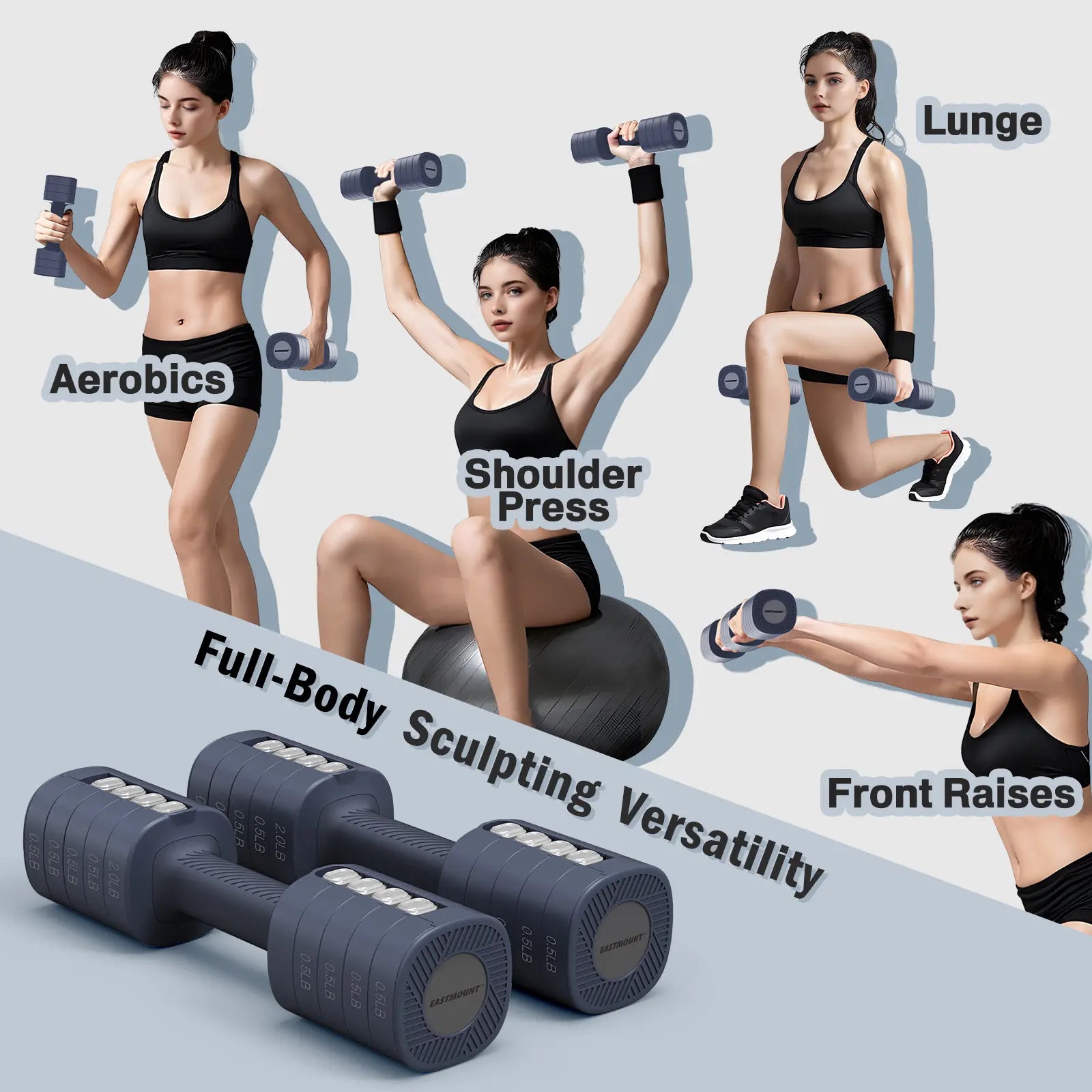 EAST MOUNT Adjustable Dumbbell Set of 2, 12LB Total (2–6LB Each), 5-In-1 Hand Weights with Non-Slip TPU Handle, Compact Adjustable Free Weights for Home Gym, Office & Full-Body Strength Training